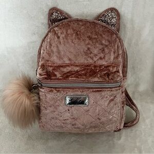 JUSTICE MINI‎ BACKPACK KITTY CAT SHIMMERING GLITTER EARS ROSE VELOUR SUPER CUTE